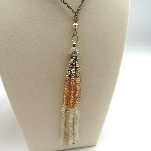 Tassel Beaded Necklace Crystal Encrusted Bead Champagne Cream Beads Silver Tone - Picture 1 of 8